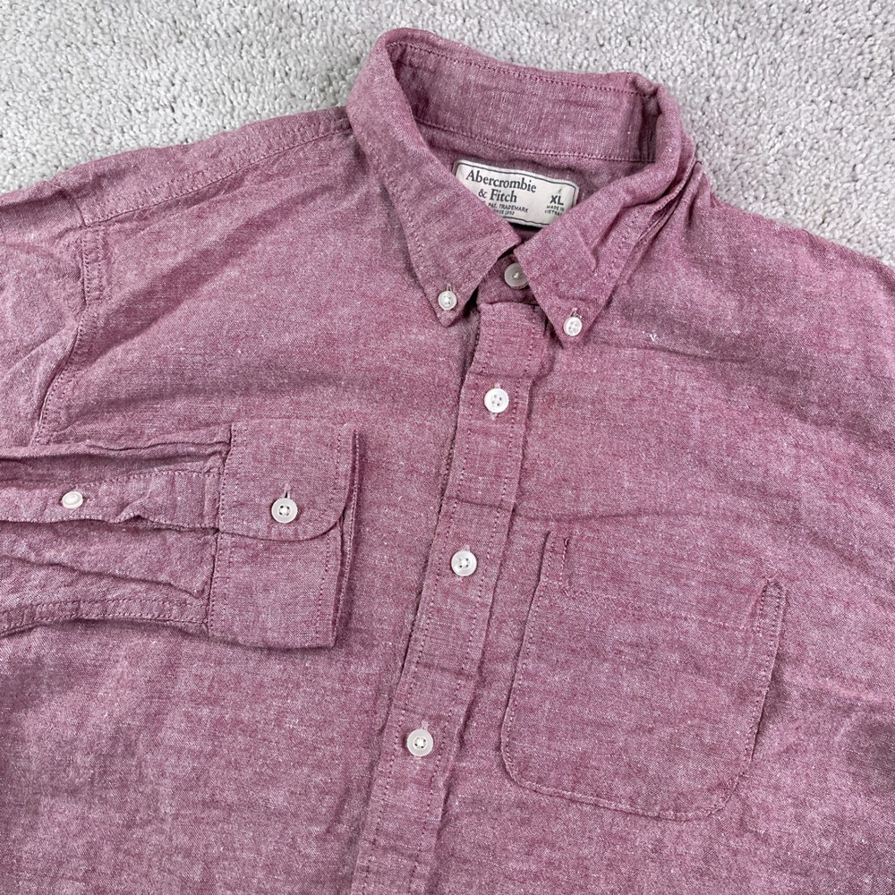 Abercrombie & Fitch Shirt Mens XL Red Burgundy Linen Blend Chambray Button Down